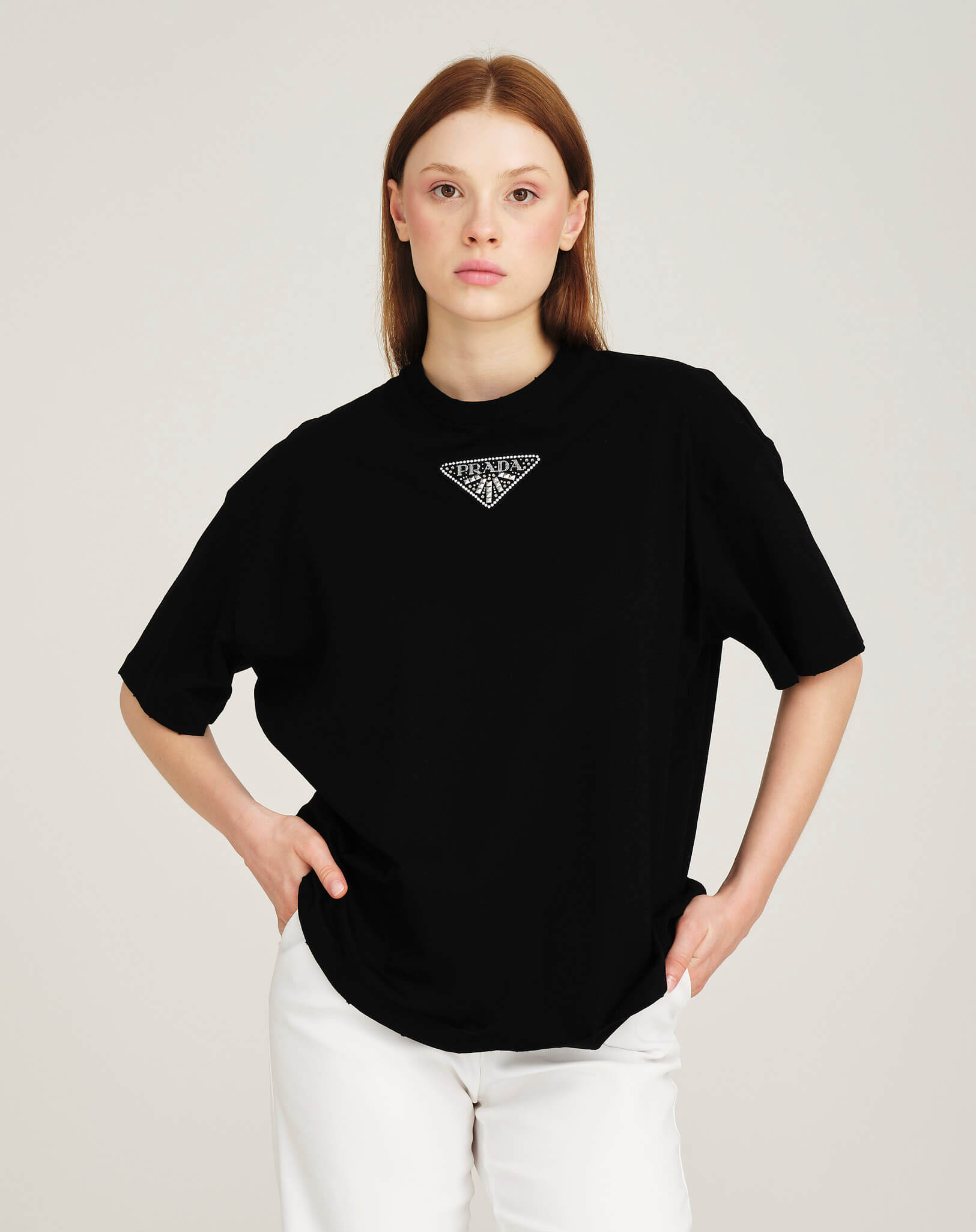 Prada - Embellished Logo Black Tshirt S